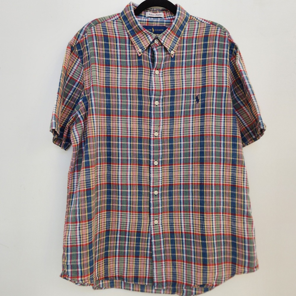Vintage Ralph Lauren Indian Madras Plaid Short-Sleeve Button Down Shirt Size L
